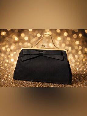 Vintage Black Satin Evening Clutch w/ Bow & Gold Frame Chain Strap